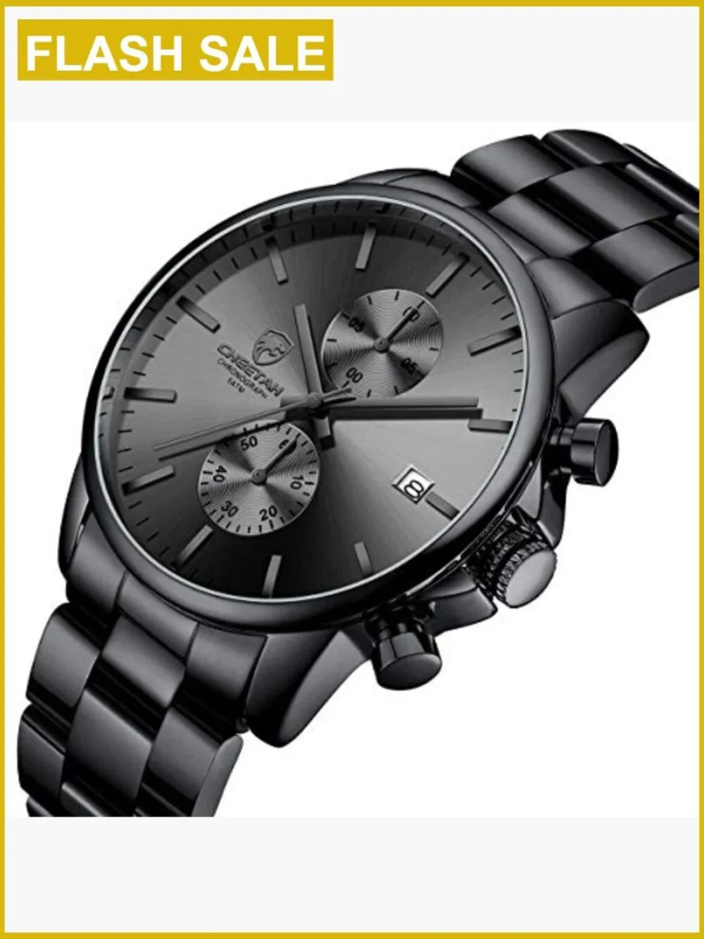 Stainless Steel Chronograph Quartz Watch for Men Waterproof 3ATM